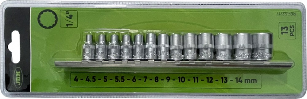 13-OS. 1/4" PADRUNITE KOMPLEKT 4-14MM. 12-KANT. METALLSIINIL JBM