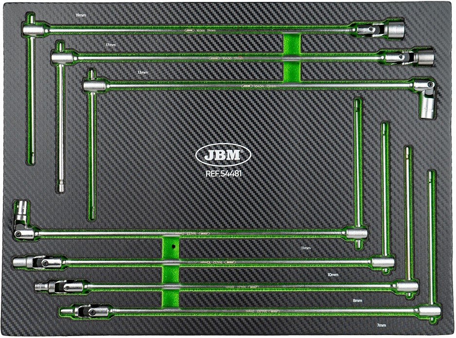 7-OS. KARDAANIGA T-KÄEPIDE PADRUNVÕTMETE KOMPL. 7-19MM. PU-PANEELIS JBM